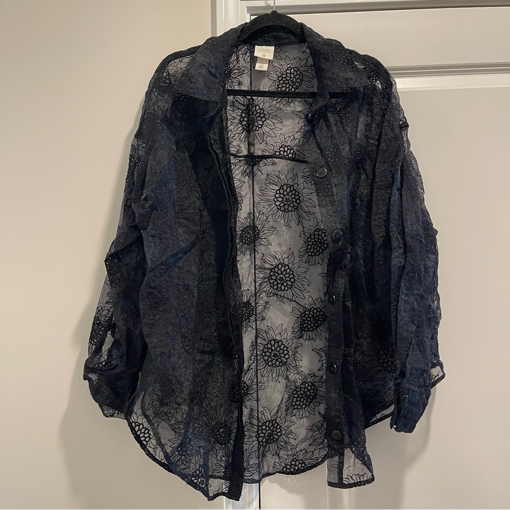 Sandra Mansour X H&M Organza Sunflower Embroidery Black Top Sheer Blouse Sz Xxl View 2